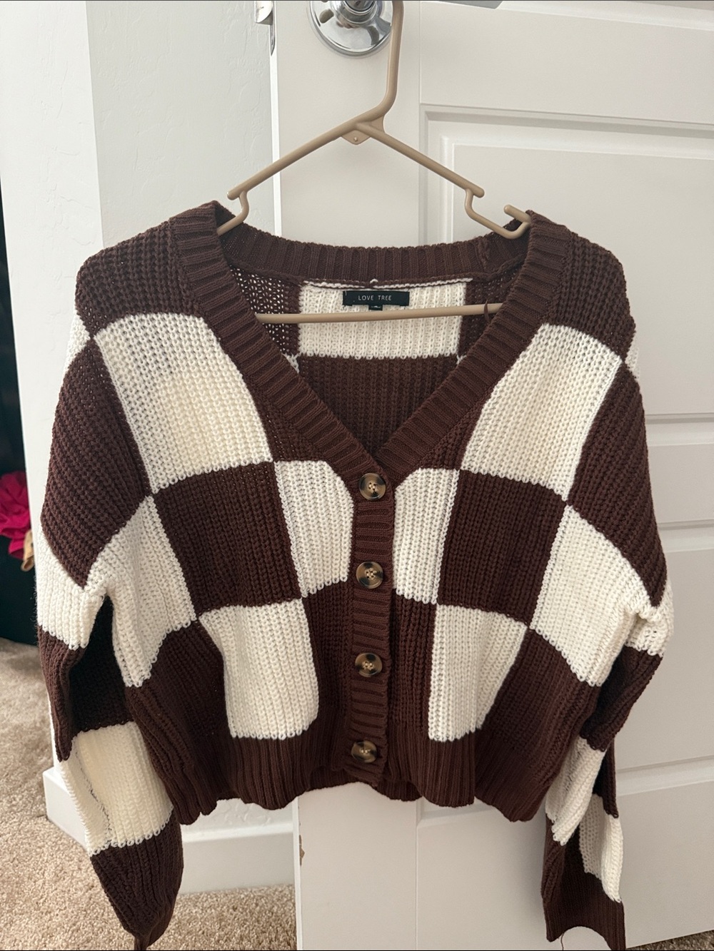 Love Tree Brown and Cream Checkerboard Button-Up Cardigan